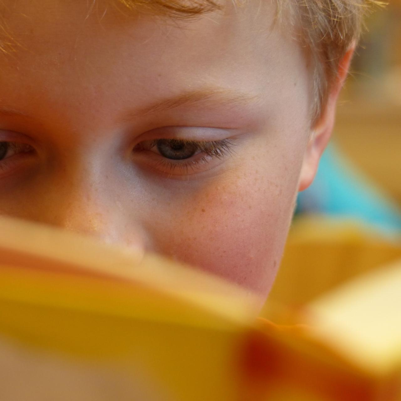 Symbolbild:Lesender Bub - Gesicht von vorne fotografiert ist halb mit einem Buch verdeckt